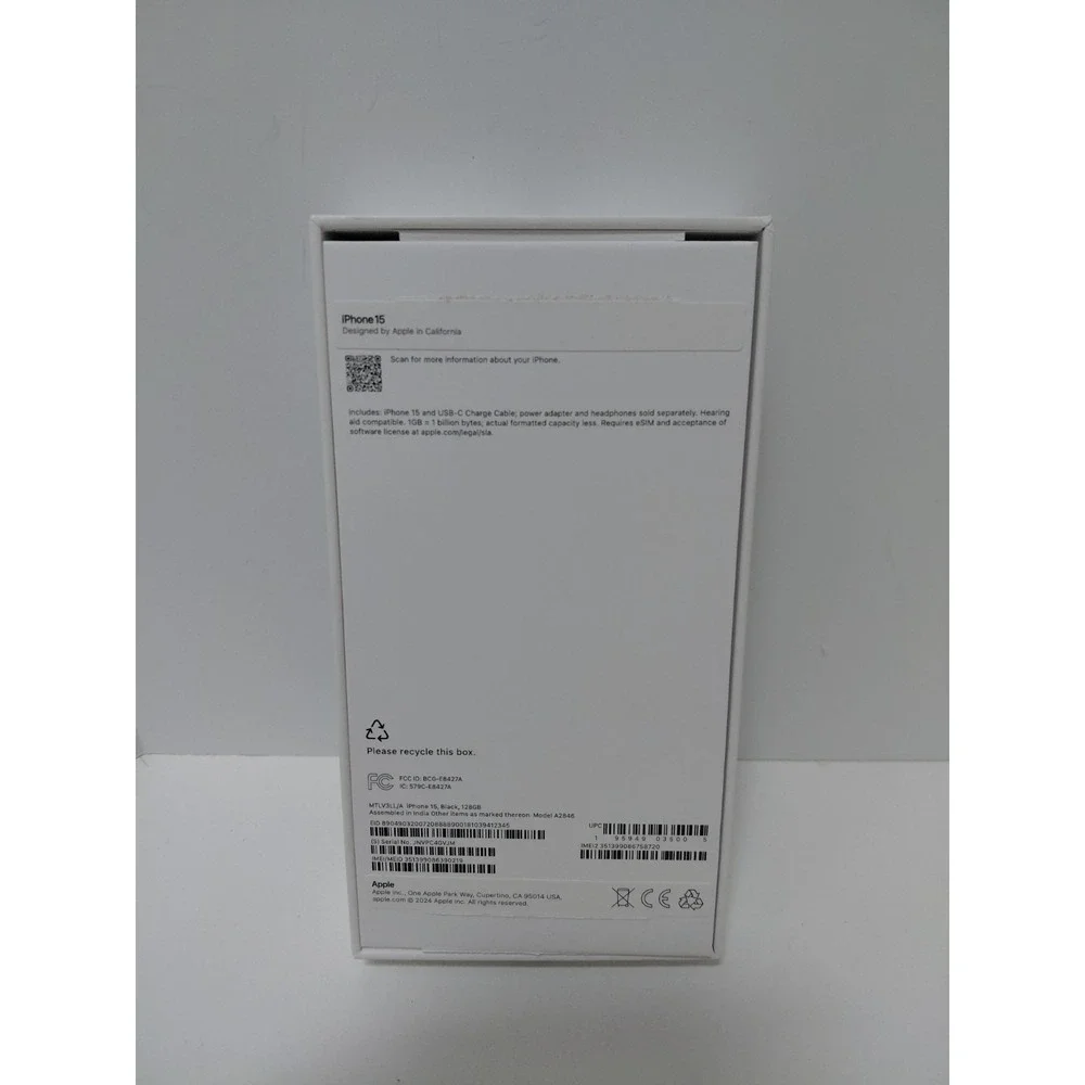 Apple iPhone 15 (BOX ONLY) Black 128GB MTLV3LL/A A2846 - Empty Box